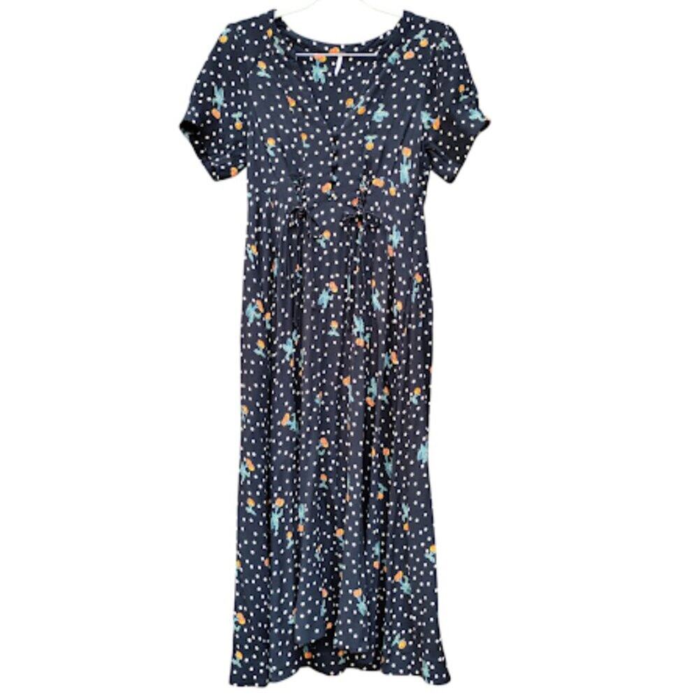 FREE PEOPLE | Polka Dot Cherry Print Midi Dress Lace-Up Corset Retro Mod 8 - Picture 2 of 15